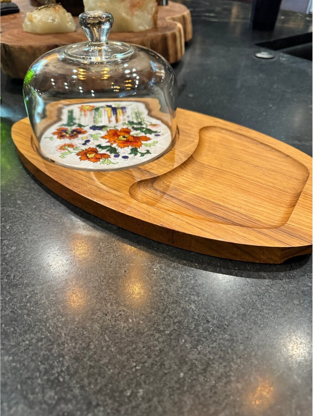 MCM 1970s Dolphin Teak Wood Cheese Board Set with Tile Insert & Glass Dome